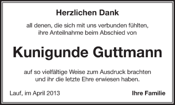 Traueranzeige von Kunigunde Guttmann von Pegnitz-Zeitung